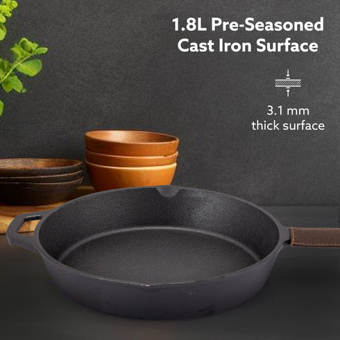 Royal Pre Seasoned Cast Iron Deep Round Fry Pan, 26cm Diameter, 1.8L, No Chemical Coating, Rigid Handles, Fast Heating, Heavy Weight, Gas Oven & Induction Compatible, Frying, Deep Frying, Black