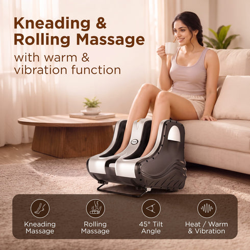 Amaze Foot, Calf & Leg Massager Machine , with Vibration & Heat, 3 Massage Levels, 4 motors for Home Usage (Silver - Black)