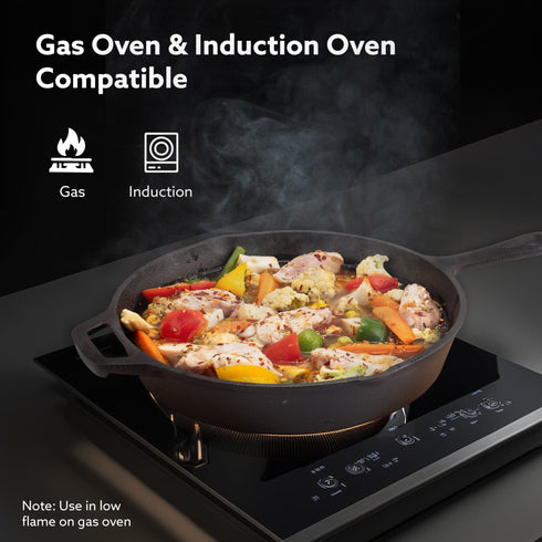 Royal Pre Seasoned Cast Iron Deep Round Fry Pan, 26cm Diameter, 1.8L, No Chemical Coating, Rigid Handles, Fast Heating, Heavy Weight, Gas Oven & Induction Compatible, Frying, Deep Frying, Black