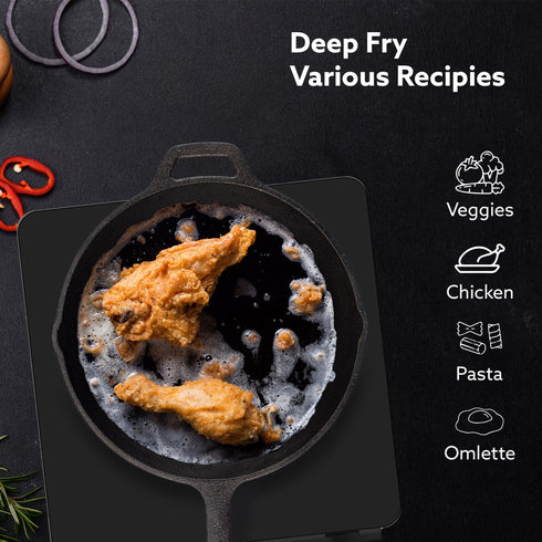 Royal Pre Seasoned Cast Iron Deep Round Fry Pan, 26cm Diameter, 1.8L, No Chemical Coating, Rigid Handles, Fast Heating, Heavy Weight, Gas Oven & Induction Compatible, Frying, Deep Frying, Black