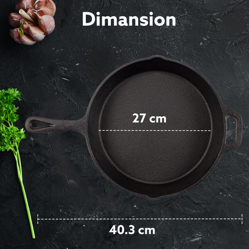 Royal Pre Seasoned Cast Iron Deep Round Fry Pan, 26cm Diameter, 1.8L, No Chemical Coating, Rigid Handles, Fast Heating, Heavy Weight, Gas Oven & Induction Compatible, Frying, Deep Frying, Black