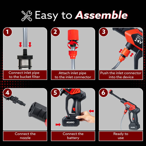 Marvel Cordless High Pressure Washer Gun | 24V Rechargeable Battery (2 x 1500mAh) | 110–240V | 10 Bar | 6-in-1 Adjustable Nozzle | 5M Hose Pipe | Car & Bike Wash | Premium Build with Cloth