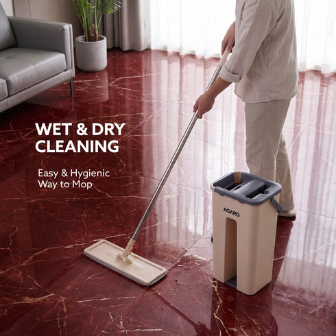 Flat Mop and Bucket Set | 360° Rotating Microfiber Flat Mop for Floor Cleaning | Hands-Free Squeeze & Wash Mop System with Bucket for Home Cleaning