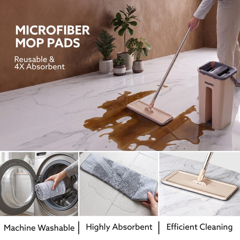 Flat Mop and Bucket Set | 360° Rotating Microfiber Flat Mop for Floor Cleaning | Hands-Free Squeeze & Wash Mop System with Bucket for Home Cleaning