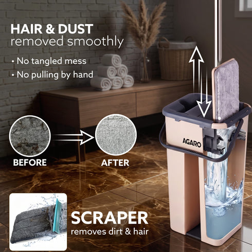 Flat Mop and Bucket Set | 360° Rotating Microfiber Flat Mop for Floor Cleaning | Hands-Free Squeeze & Wash Mop System with Bucket for Home Cleaning