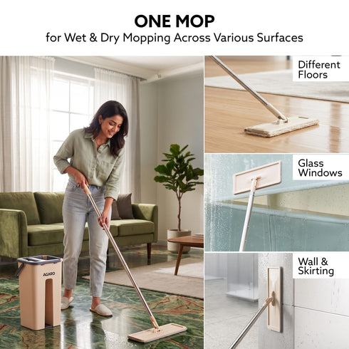 Flat Mop and Bucket Set | 360° Rotating Microfiber Flat Mop for Floor Cleaning | Hands-Free Squeeze & Wash Mop System with Bucket for Home Cleaning