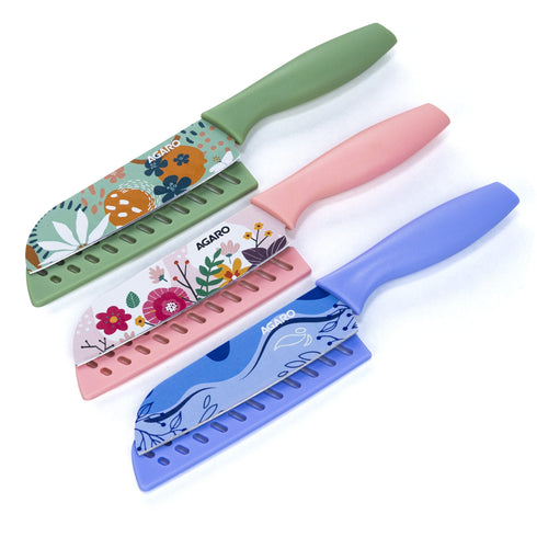 Printed Knife Set, Stainless Steel Knife for Kitchen Use, Set of 3 (Blue, Green, Pink)