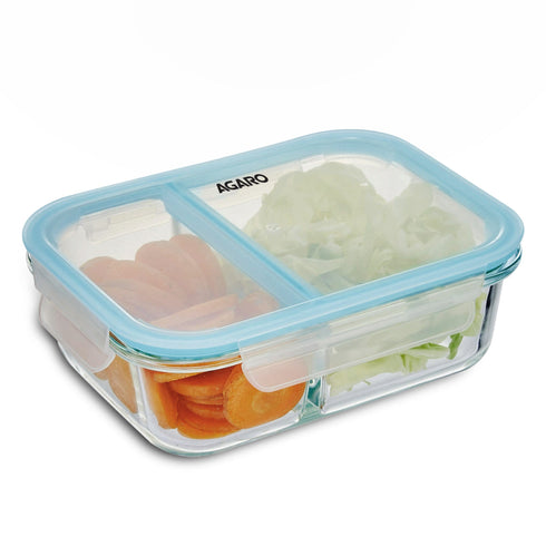 Elite Two Compartment Lunch Container, Borosilicate Glass Body, Leak proof Locking Lid, , Airtight Tiffin Containers, Microwave Oven Safe, 600Ml, Transparent