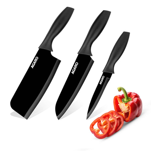 Royal 3in1 Kitchen Knife Set, Stainless Steel 3 Piece Set, Sharp Blades with Ergonomic Handle for Home Kitchen and Restaurant, Black