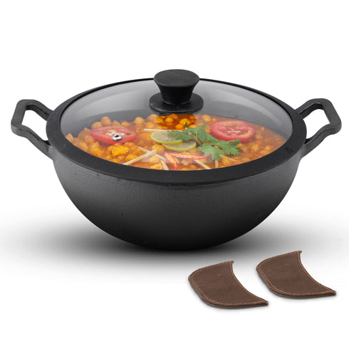 Royal Pre Seasoned Cast Iron Kadai with Glass Lid, No Chemical Coating, Rigid Iron Handle, 4.3L, Uni-Body Design, Fast Heating, Heavy Weight, Gas & Induction Oven Compatible, Cooking, Black