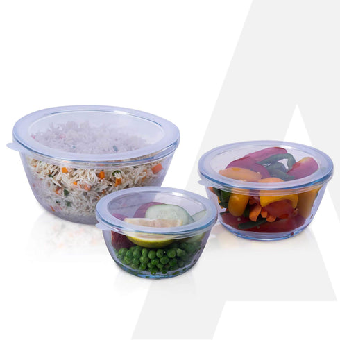 Elite Glass Bowl With Lid, 3 pcs Set - 500, 800,1600 ml