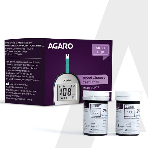 AGARO Blood Glucose Test Strips, 50pcs, Instant Blood Sugar Test at Home, Glucometer Machine, Blood Glucose Monitoring Device, Fast Blood Sugar Testing, Simple & Accurate, GLS-76