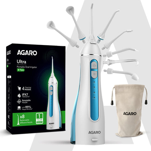 Ultra Plus Portable Dental Flosser: 8 nozzles, 4 modes, cordless, rechargeable, IPX7 waterproof, 200ml tank. Ideal for home/travel oral care.