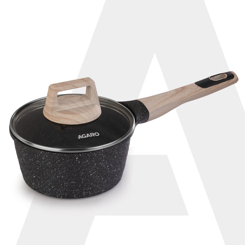 Imperial Granite Non Stick Sauce pan with Glass Lid, 1.5L / 16cm, Cast Aluminium Body, Tea Pan, Milk Pan, Soup Pan, Gas & Induction Compatible, Dark Grey