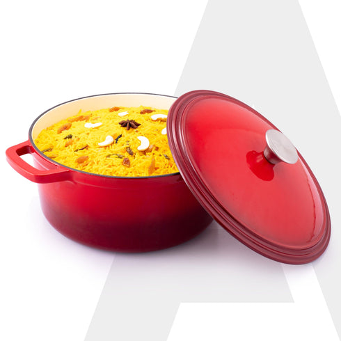 Royal Enamelled Cast Iron 5L Casserole with Lid, Cooking Pot, No Chemical Coating, Fast Heat, Heavy Weight, Gas & Induction Oven Compatible, for Meat, Dal, Curry, Biryani, Pulao, Red
