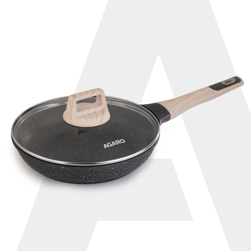 Imperial Granite Non Stick Fry Pan with Glass Lid, 3L / 28cm, Cast Aluminium Body, Omelette Egg Pan, Fish Fry Pan, Gas & Induction Compatible, Dark Grey