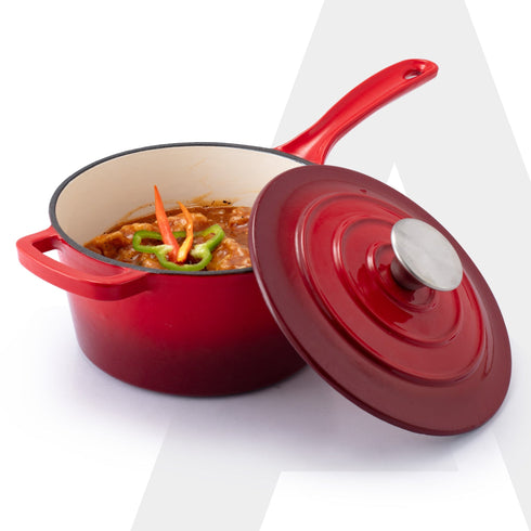 Royal Enamelled Cast Iron Sauce Pan with Lid, 19 Cm Diameter, 1.9 Liter Capacity, No Chemical Coating, Heavy Bottom, Fast Heating, Gas & Induction Oven Compatible, Milk/Tea Pan, Boiling, Red