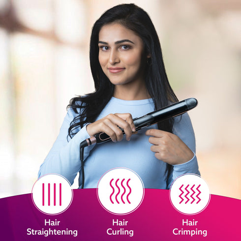 3in1 Hair Styler, Straightener, Crimper, Curler For Women HS1119, Keratin Infused Ceramic Coated Plate, Variable Style Settings, Hair styling, Colour Black & Rose Gold
