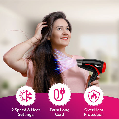 HD1177 Hair Dryer with 1000 Watts Copper Motor, 2 Speed & Temperature Settings, Foldable Handle, For both Men & Women, Black & Red