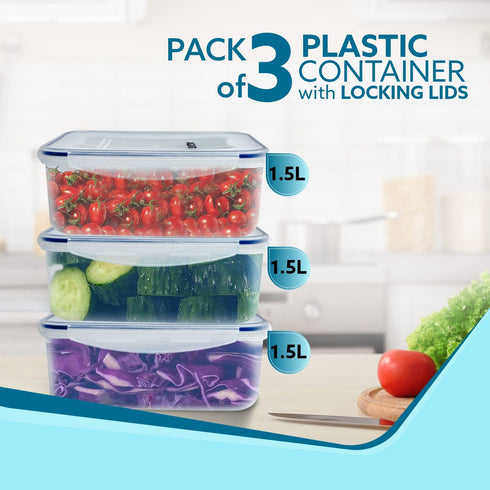 Airtight Container, Food Storage Container With Lid, Multipurpose, Rectangular Plastic Body, Leak Proof, BPA Free, 1.5L Each, Pack of 3