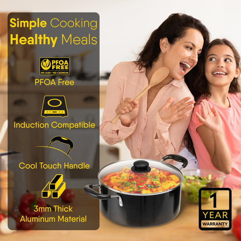 Elegant Non Stick Biryani Pot with Glass Lid, 26 cm Diameter, 5.5L Capacity, Non Stick Coated Aluminium Pot, Side Handle, Gas & Induction Oven Compatible, Biriyani, Pulao