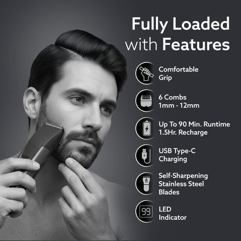 Beard Trimmer MT5005, 90 mins run time with Type C, 6 comb attachments, Self sharpening blades | Trimmer for Men