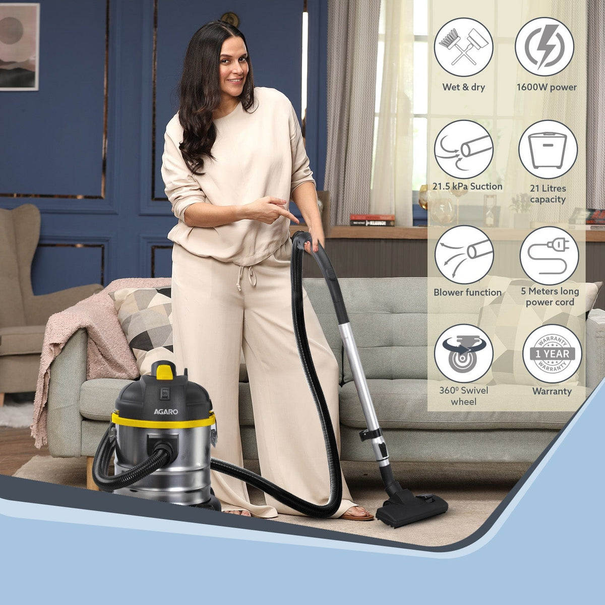 AGARO Ace 1600 Watts, 21.5 kPa Suction Power, 21 litres, Wet & Dry Agaro