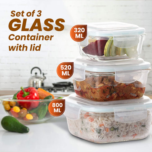 Elite Glass Container With Lid, 3 pcs Set - 320, 520, 800ml