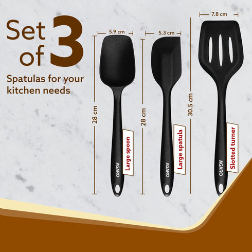 Deluxe Silicone Spatula Set of 3, Cooking and Mixing, for Non-Stick Cookware, BPA Free, Seamless Design, Black