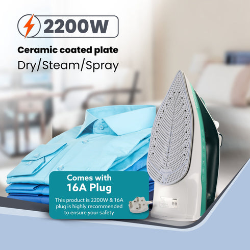 Galaxy Steam Iron, 2200W, Ceramic Coated Sole Plate, Sea Green
