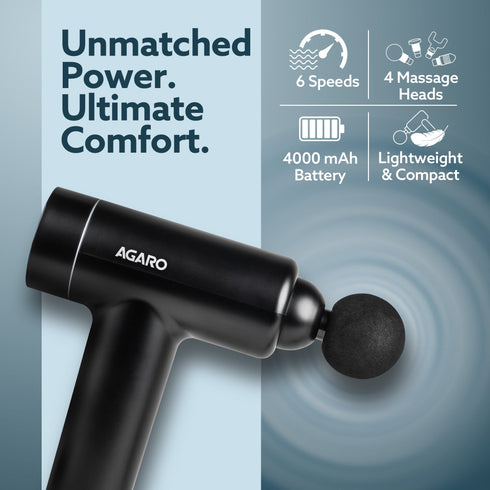 Regal Gun Massager, 4 Heads, 6 Speed, Rechargeable, Handheld, Percussion Muscle Massager for Full Body Pain Relief, Muscle Relaxation of Neck, Shoulder, Back, Foot for Men & Women, Black.