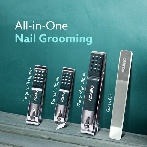 4-in-1 Nail Clipper Set – Manicure & Pedicure Kit with Fingernail & Toenail Clippers, Premium Glass Nail File, Ergonomic Non-Slip Grip, Travel Case for Men & Women (Dark Green)