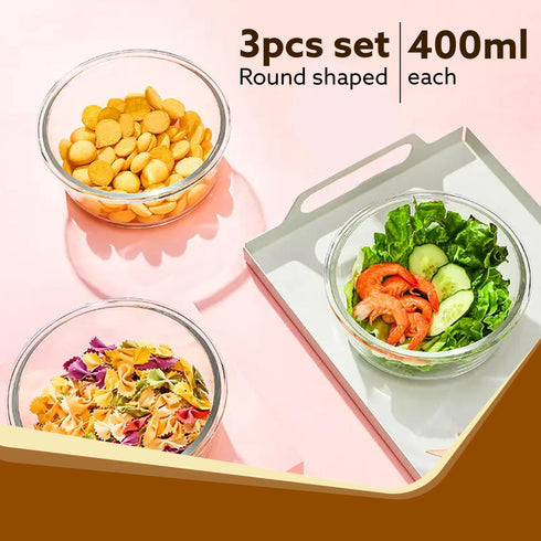 Elite Lunch Box, Set of 3 With Lunch Bag, Round Shaped, Borosilicate Glass, Leakproof & Airtight Locking Lids, Microwave & Freezer Safe, Office Lunch Box Set, Transparent, Set of 3 ƒ?? 400ml+400ml +400ml