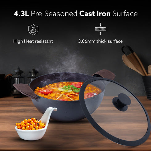 Royal Pre Seasoned Cast Iron Kadai with Glass Lid, No Chemical Coating, Rigid Iron Handle, 4.3L, Uni-Body Design, Fast Heating, Heavy Weight, Gas & Induction Oven Compatible, Cooking, Black