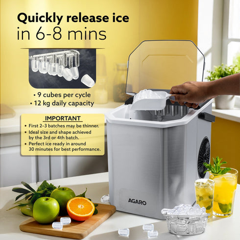 Regal Ice Maker, Compact Ice Maker, 1.2L water Tank, 9 Pcs bullet Ice Cube at a time, Stainless Steel Body