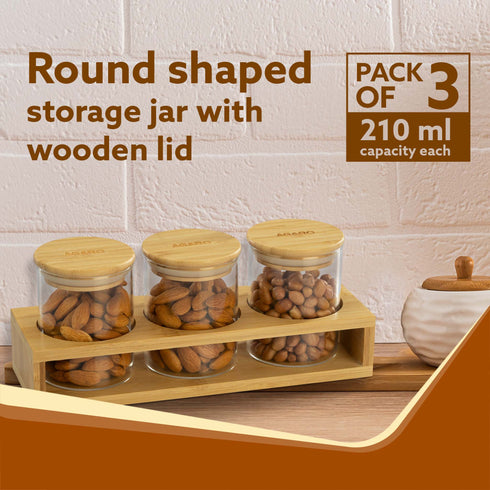 Elite Borosilicate Glass Jar 210 ml With Wooden Rack, Storage Glass Container, Transparent, Kitchen Organiser, Multipurpose Jar, Pack of 3
