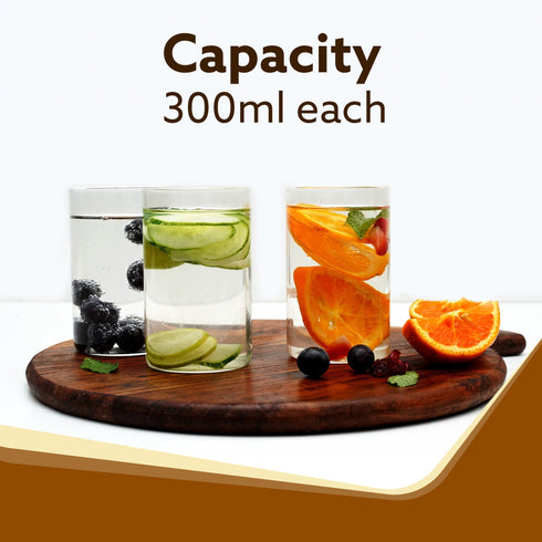 Elite Borosilicate Glass Tumbler, Serves Water, Cold Drinks, Juice, Milk, Pack of 6, 300 ml, Flame Proof Glasses, Microwave & Dishwasher Safe, Transparent