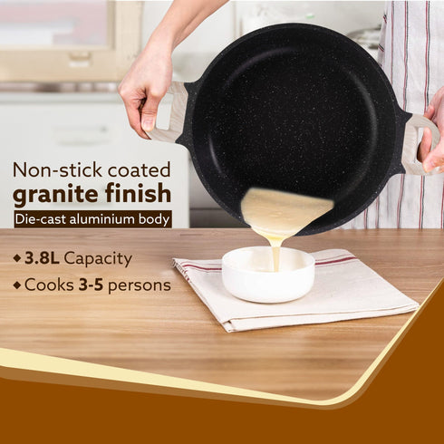 Imperial Granite Non Stick Kadhai with Glass Lid, 3.8L / 28cm,Kadai , Deep Frying Pan, Biryani Pot, Cast Aluminium Body, Gas & Induction Compatible, Dark Grey