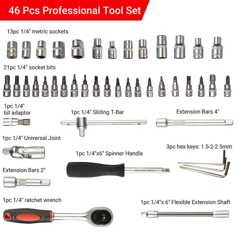 46pcs Professional 1/4'' Square Drive Metric Socket Set, Black