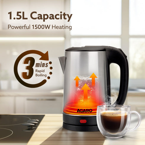AGARO Sonnet Electric Kettle, 1.5L, 1500W, Stainless Steel Body