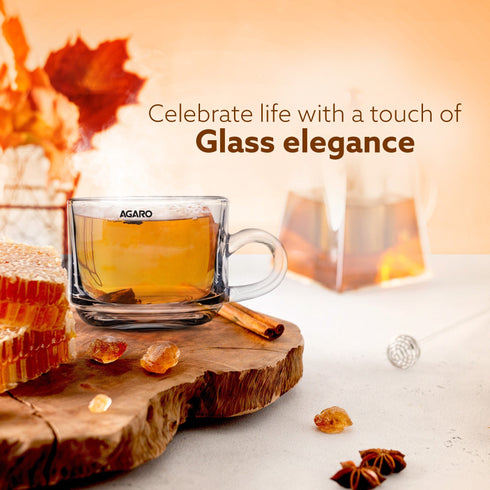 Elegant Glass Cup, 180ml, Set of 6, Crystal Clear Espresso Coffee Cup, Toughened Glass Wall with Handle, for Hot Coffee, Cappuccino, Milk, Latte, Green Tea & Black Tea