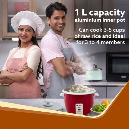 Elegant Electric Rice Cooker, 1L, 400W, Automatic Boiler, Steamer, Removable Aluminium Pot, Stainless Steel Lid, Keep Warm Function, Trivet Plate, Rice, Veggies, Red