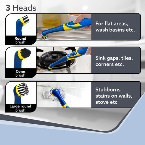 Regal Cleaning Brush for Household, Toilet, Kitchen, Bathroom Cleaning, High Speed Oscillating Technology, Long Handle, 3 Heads for Scrubbing / Removing stain, Dirt, Cordless, Blue & Yellow