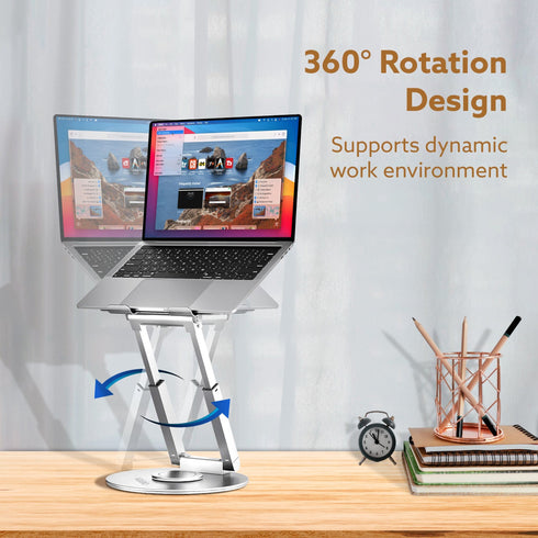 Foldable Laptop Stand Holder, 360° Rotating, Premium Metal Alloy, Ergonomic, Height Adjustable with Anti-Slip Silicone Pads, Heat Vent, Made for MacBook, HP, Dell, Lenovo, Laptops Up to 17"