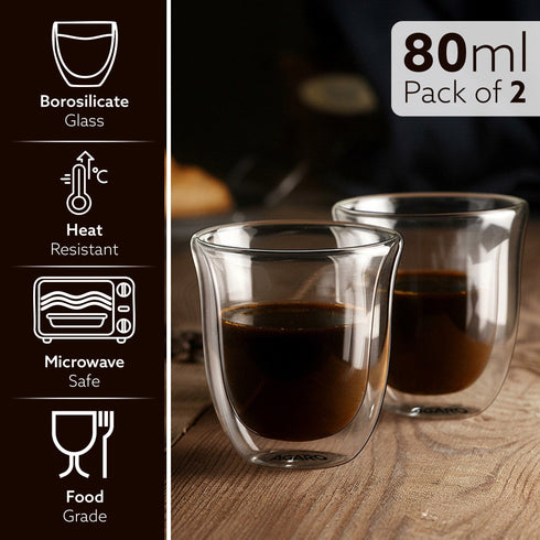 Elite Double Wall Glass Espresso Cups 80ml, Pack of 2 | Premium Borosilicate, Heat Resistant, Ideal for Coffee, Tea, Latte, Microwave & Dishwasher Safe