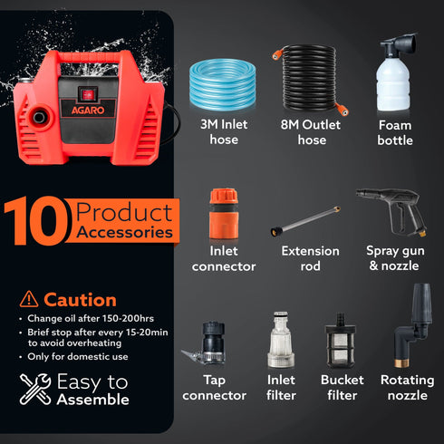 Regent High Pressure Washer | 1600W Motor | 120 Bar Max Pressure | 5.5 L/Min Flow Rate | Portable Electric Washer for Car, Bike, Walkways & Home Cleaning | 8M Outlet Hose Pipe Included
