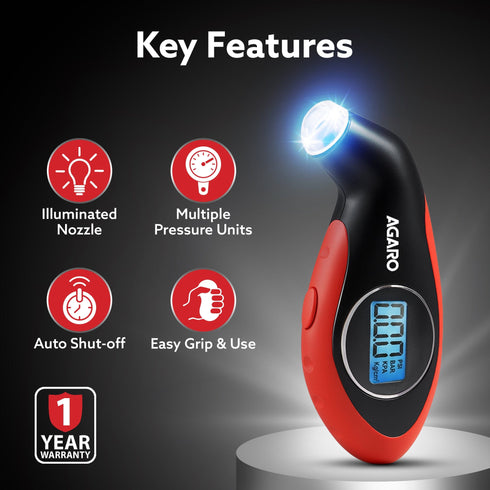 Digital Tyre Pressure Gauge, 0–150 PSI, 4 Units, Backlit LCD, Non-Slip Grip & LED Nozzle, Portable Tyre Pressure Checker for Car, Bike, Motorcycle & Truck Tyres, Red & Black
