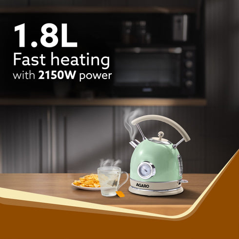 Regency Vintage Kettle 1.8L with Temperature Gauge, Hot Water Boiler & Tea Heater with Curved Handle, Visible Water Level Line, Led Light, Auto Shut-Off & Boil-Dry Protection, Green