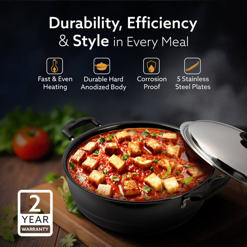 Elite Hard Anodised Multi Kadhai with Stainless Steel Lid, 5L, Gas Compatible, 3mm Thick Body, Riveted Handle