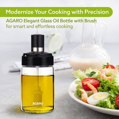 Elegant Glass Oil Bottle with Brush 250ml, Oil Container Bottle for Kitchen, Glass Bottle with Brush for Cooking, Baking, BBQ, Marinating